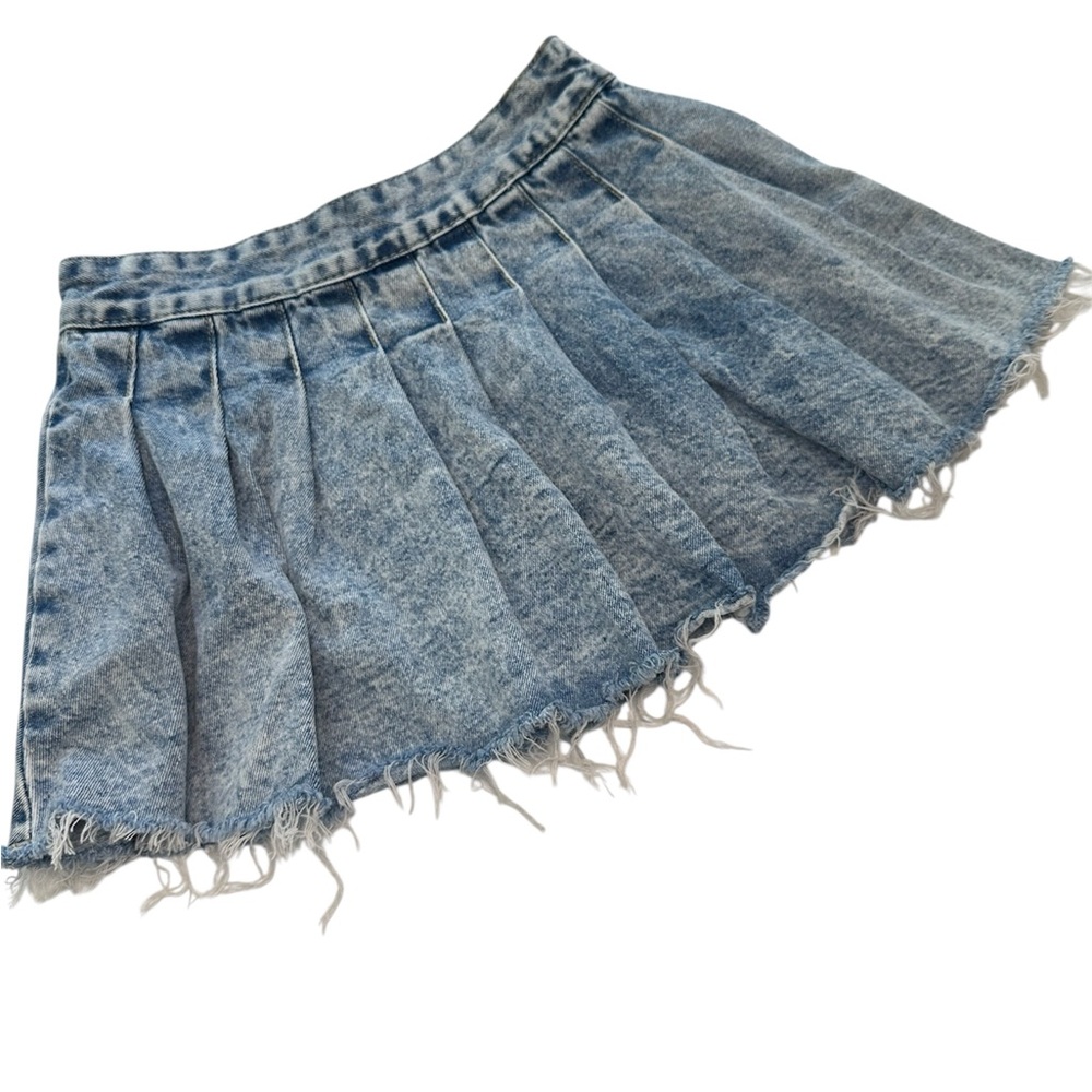 Pleated Denim Mini Skirt Raw Frayed Hem Blue Women’s Size X-Small - Picture 1 of 7